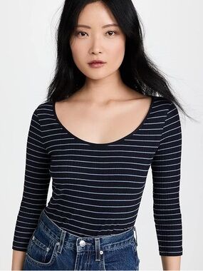 Vince Top Striped Ribbed-Knit Scoop Neck Navy Women's Shirt Nautical | Sz XL